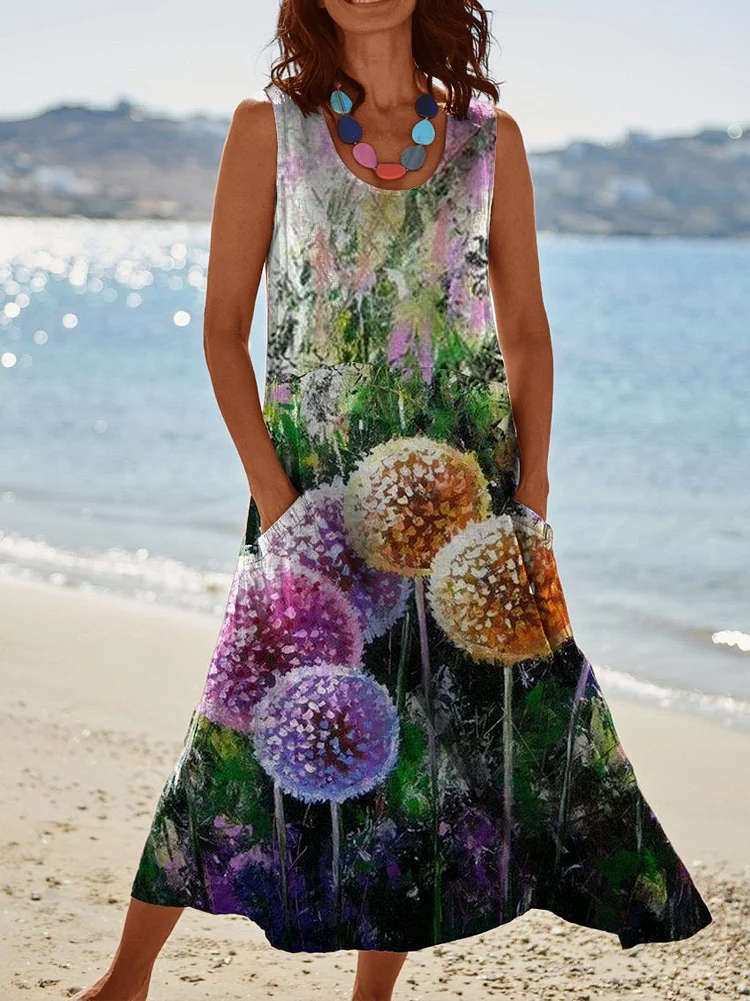 Women's Flowers Colorful Dandelion Watercolor Pocket Pinafore Linen Dress