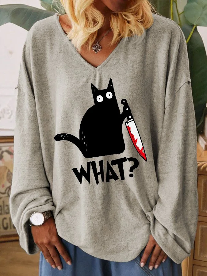 Women's Halloween Fun Black Cat Print V-Neck Long Sleeve T-Shirt