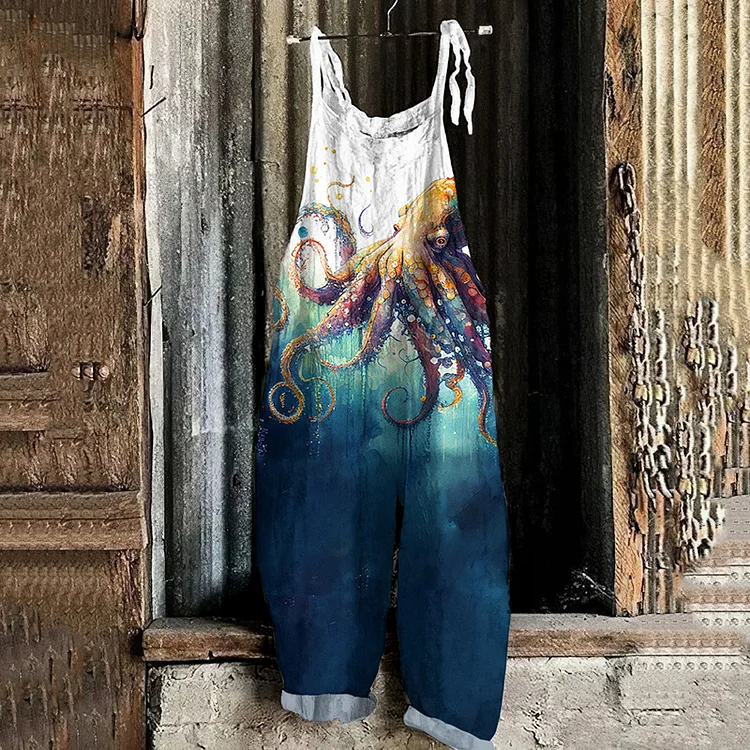 Comstylish Vintage Japanese Art Watercolor Octopus Graphic Casual Loose Jumpsuit