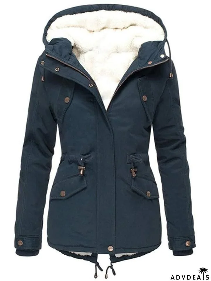 Cozy Fur Lining Full Zipper Waist Drawstring Pocket Hooded Coat