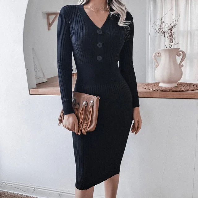 Office Ladies V Neck Buttons Knitted Dress