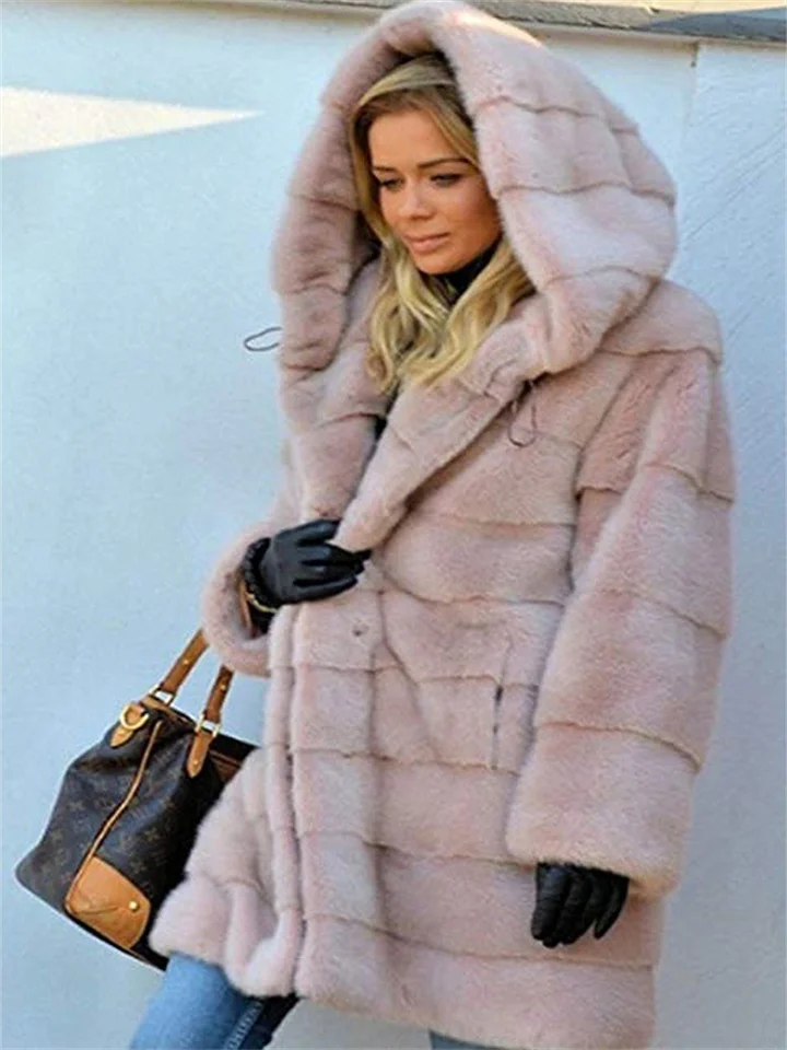 Women's Mid-length Solid Color Loose Plush Hooded Coat Faux Fur Autumn and Winter Warm Coat-JRSEE