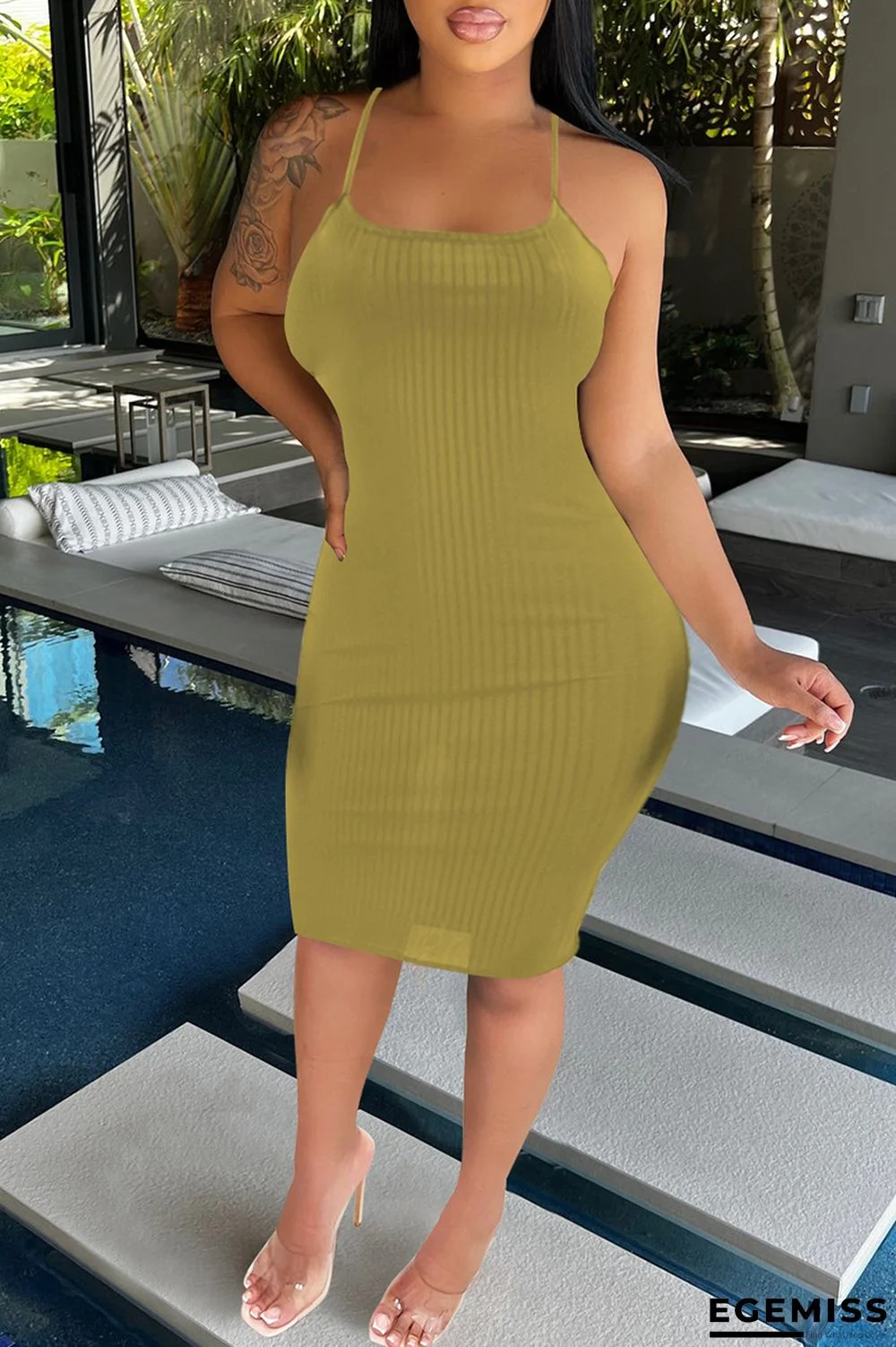 Green Fashion Sexy Solid Backless Spaghetti Strap Pencil Skirt Dresses | EGEMISS