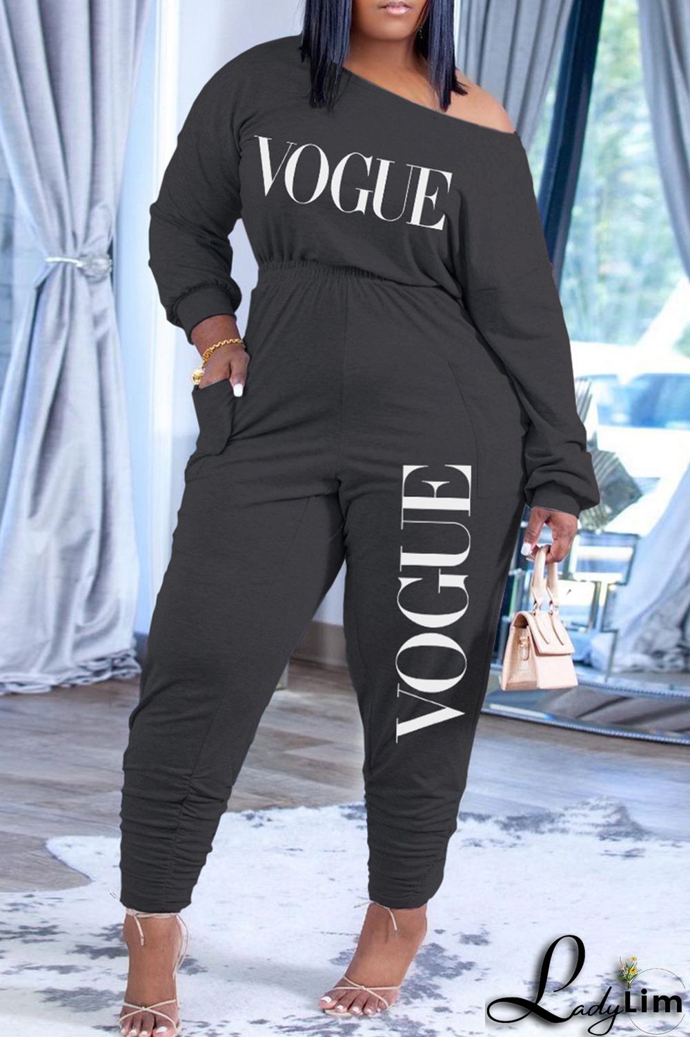 Pink Fashion Casual Letter Print Fold Oblique Collar Regular Jumpsuits