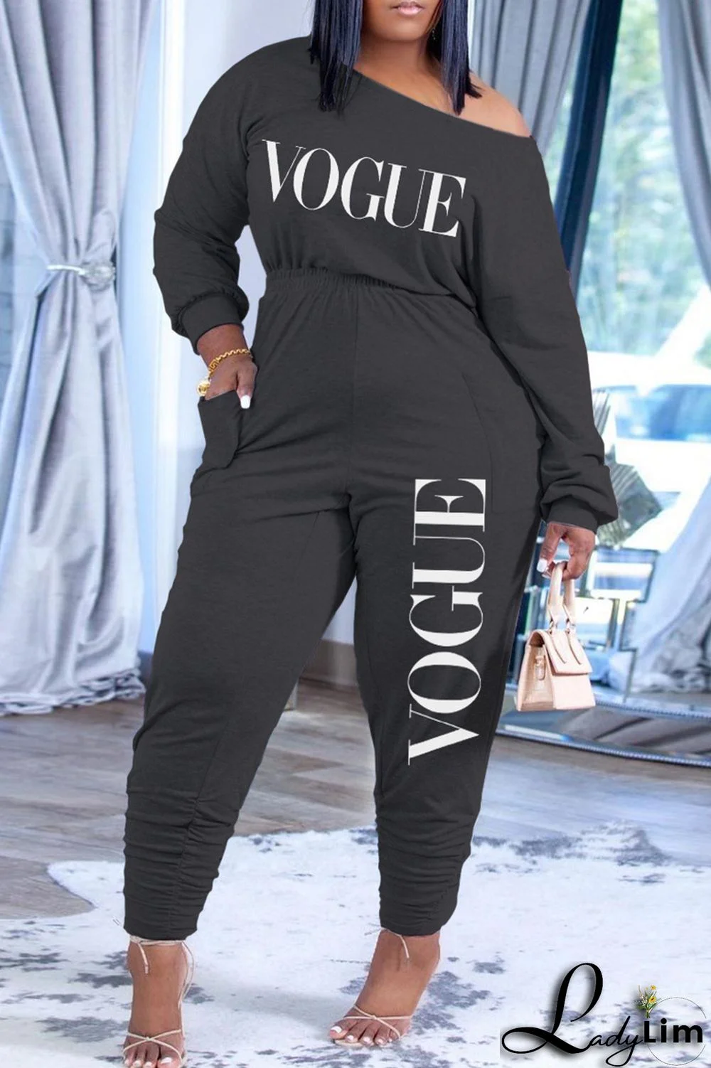 Pink Fashion Casual Letter Print Fold Oblique Collar Regular Jumpsuits