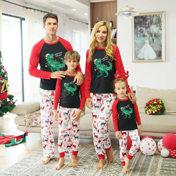 Christmas Tree Rex Dinosaur Print Christmas Family Pajamas Sets