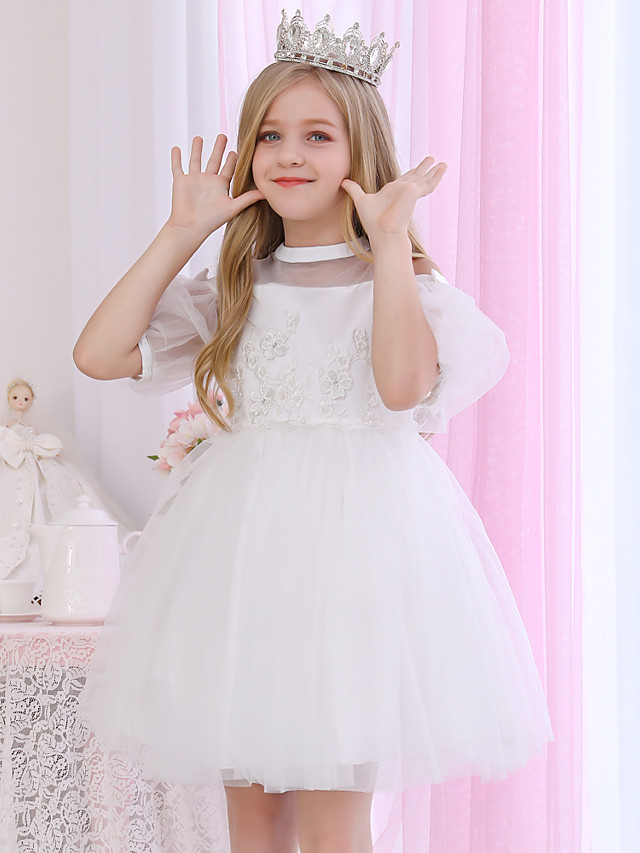 Bellasprom Halter Neck 3/4 Length Sleeve Illusion Neck Ball Gown Flower Girl Dress Medium Length Satin With Beadings  Appliques Bellasprom
