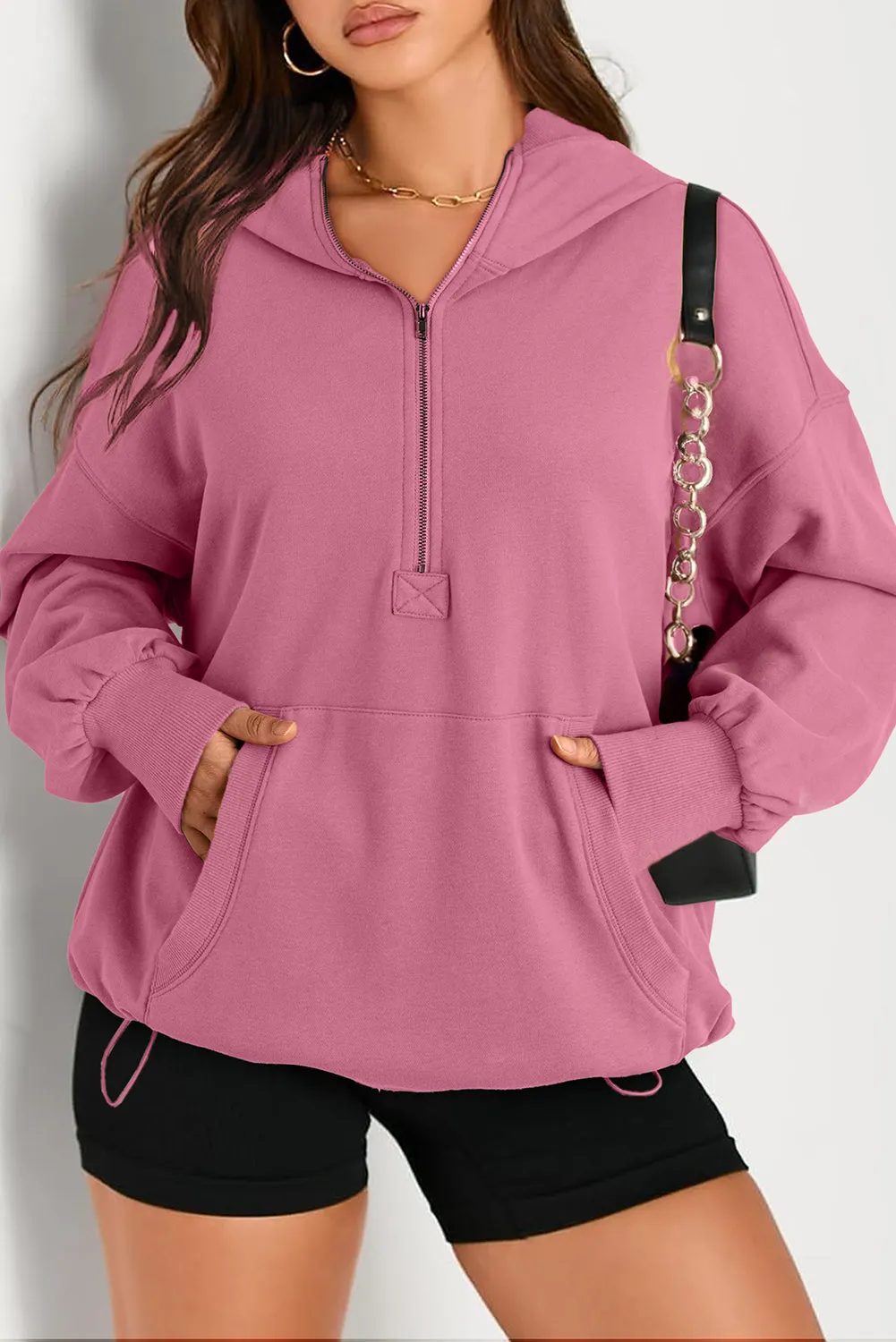 Smoke Green Solid Kangaroo Pocket Half Zipper Oversized Hoodie
