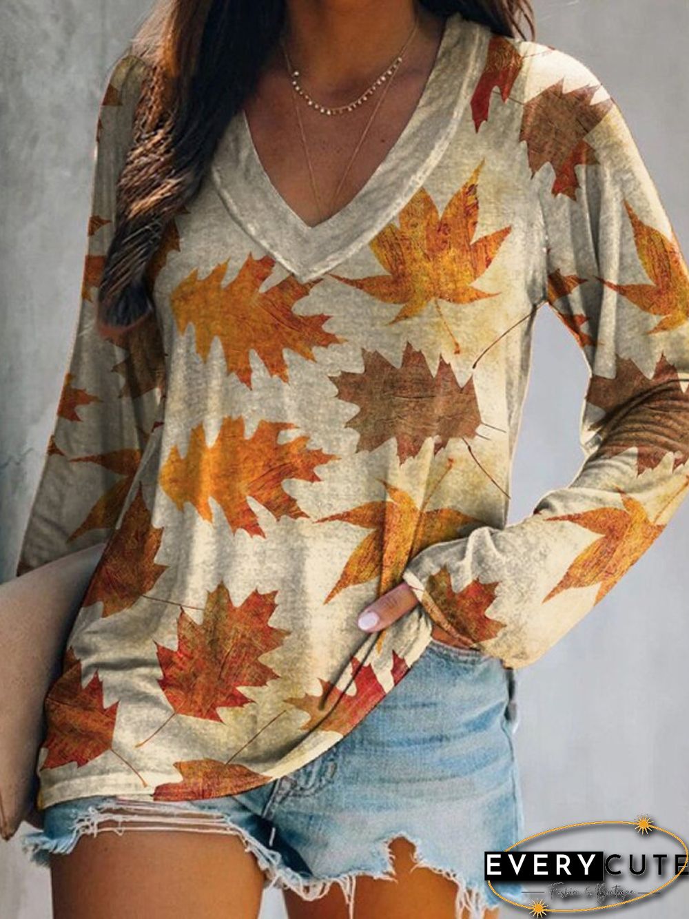 Casual Long Sleeve V Neck Plus Size Printed Tops T-shirts