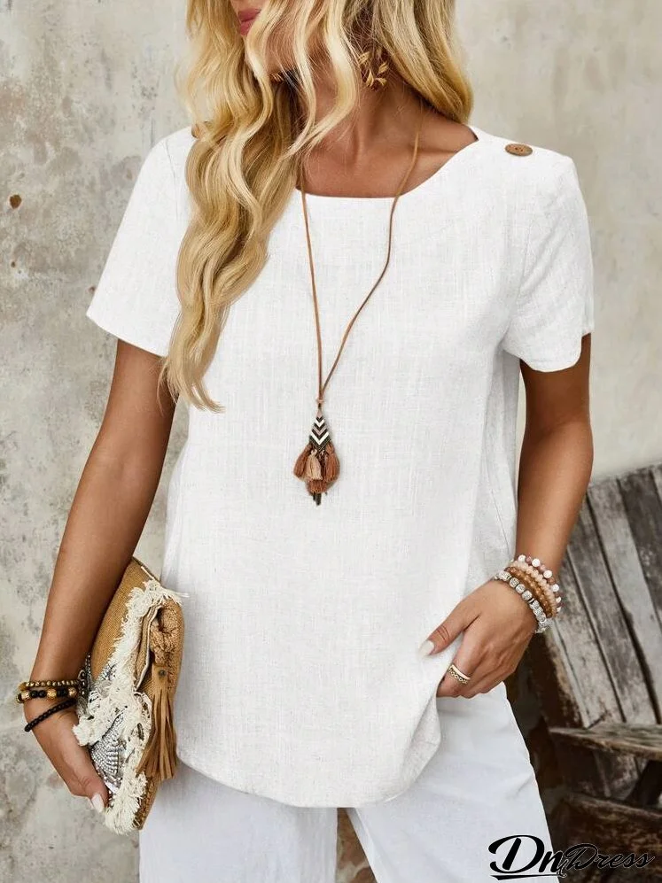 Women's Country Vacation Button Down Lapel Linen Khaki Short Sleeve Blouse