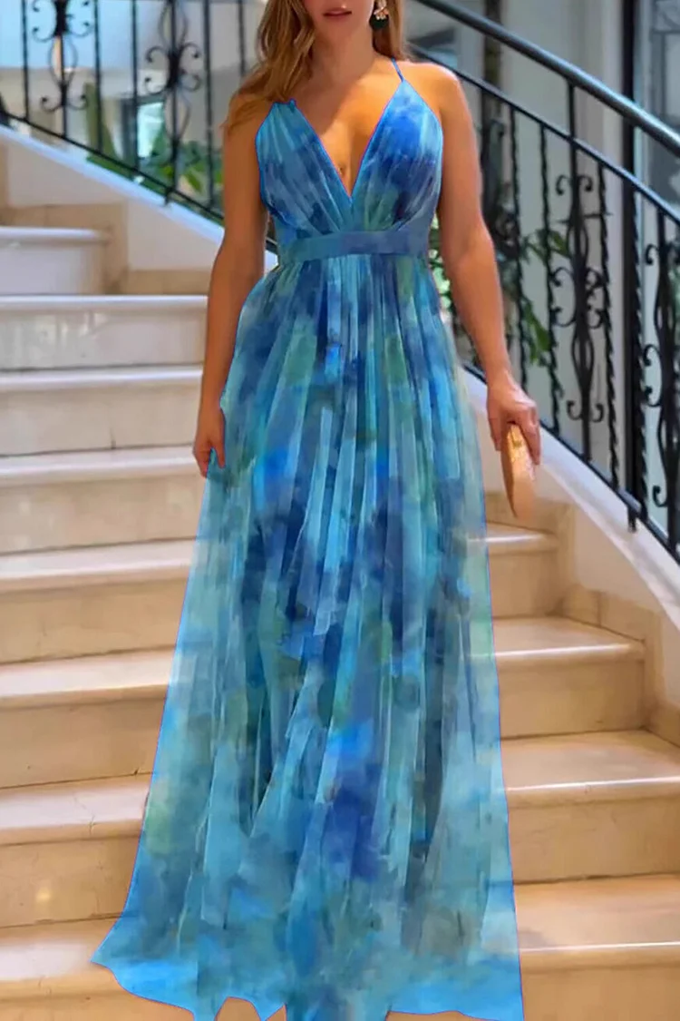 V Neckline Cinch Waist Tulle Slip Maxi Dresses-Fuchsia