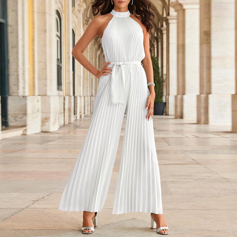 Casual Lace Up Slim Fit Pleated Wide Leg Jumpsuit