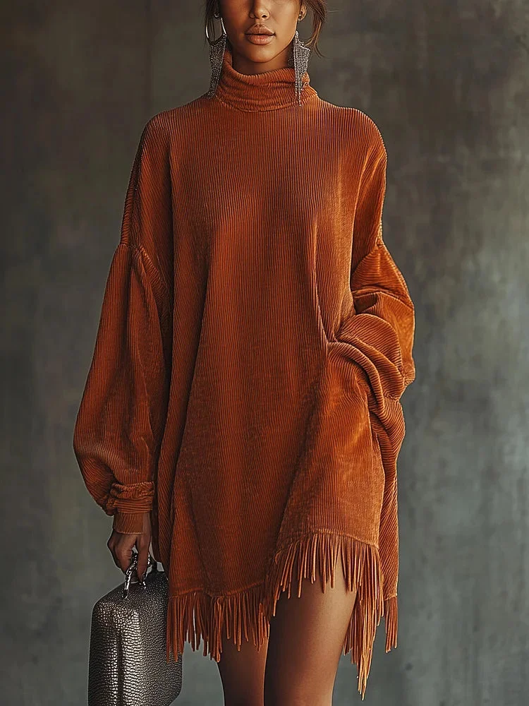 Orange corduroy loose tassel hem high collar dress