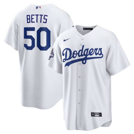 Youth Los Angeles Dodgers #50 Mookie Betts  White Home 2025 World Series Champions Replica Jersey