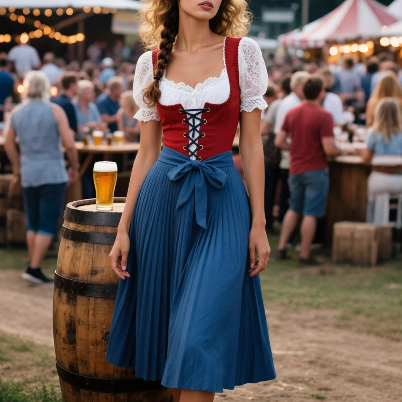 Retro Dress Suit Lace Inner Drawstring Vest Pleated Skirt Suit Beer Festival Dress