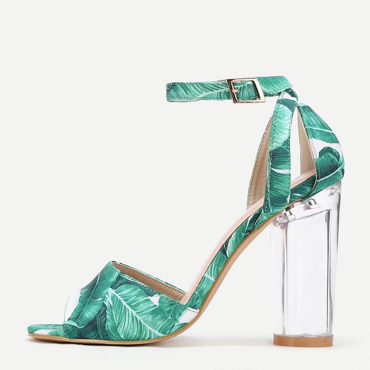 Green Floral Peep Toe Ankle Strap Clear Chunky Heel Sandals |FSJ Shoes