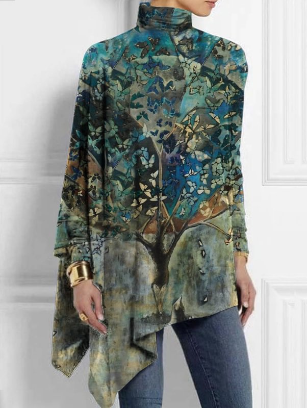 Turtleneck Retro Butterfly Tree Print Asymmetrical Hem Top