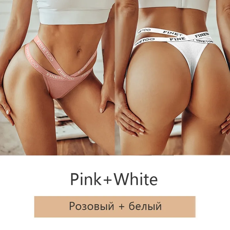 FINETOO 2Pcs/set Sexy Thongs Women Cotton G-string Panties Letter Bikini Underwear Girls Cross Belt Low-rise Underpants Lingerie