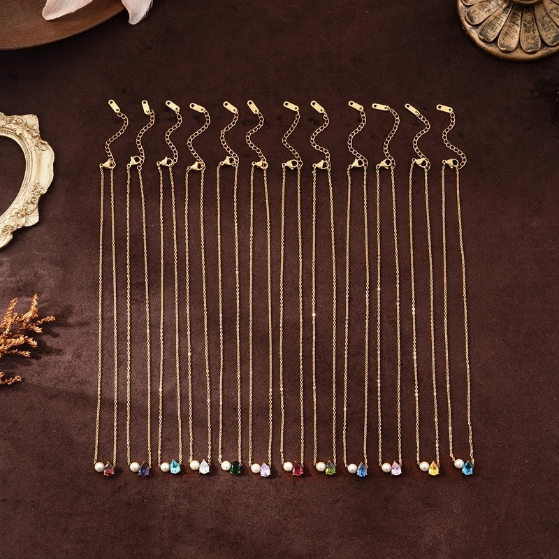 Retro Shiny Water Droplets Titanium Steel Pearl Zircon 18K Gold Plated Inlay Necklace