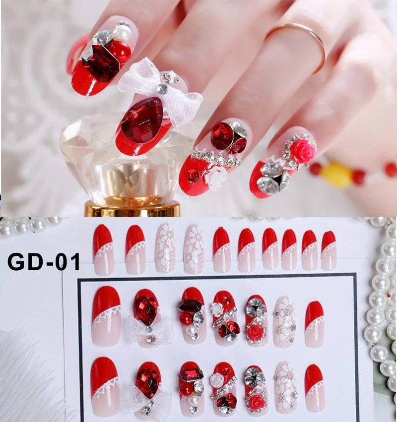 24Pc Rhinestone False Nails Bride Wedding Party Fake Nail Luxury Nail Art Faux Ongles Lady Full Nail Tip Patch with Glue Sticker-Nail Inspo
