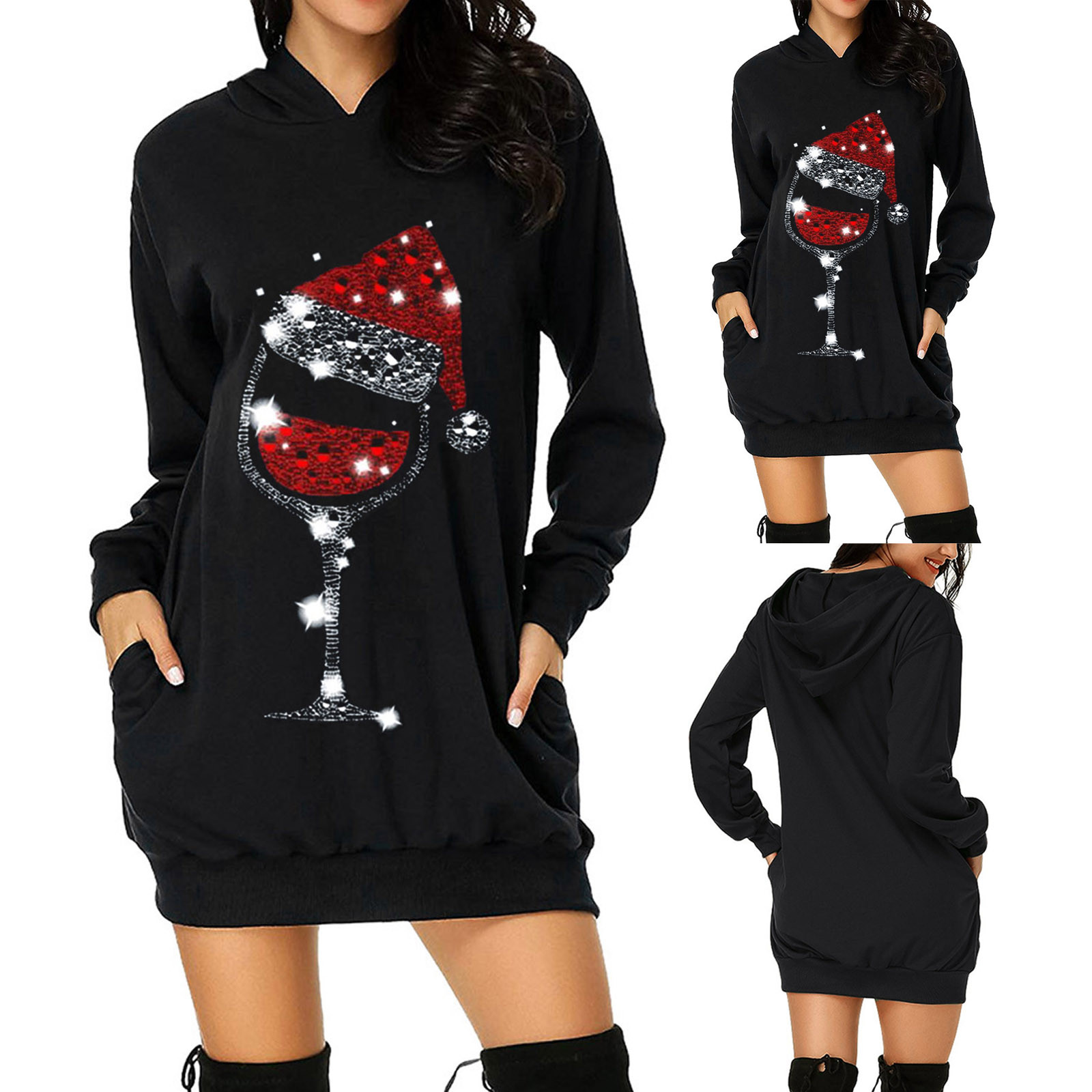 Wheelsraw fairy dress women Christmas Dresses Women Black Wine Cup Print Long Sleeve Dress Xmas Party Bodycon Fancy Fashion A-Line Mini Hoodie Dress Blouse