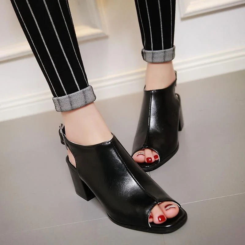 Women Soft Leather Sandals Concise Peep Toe Buckle Solid Boots Thick Heels Sandal Shoes | IFYHOME