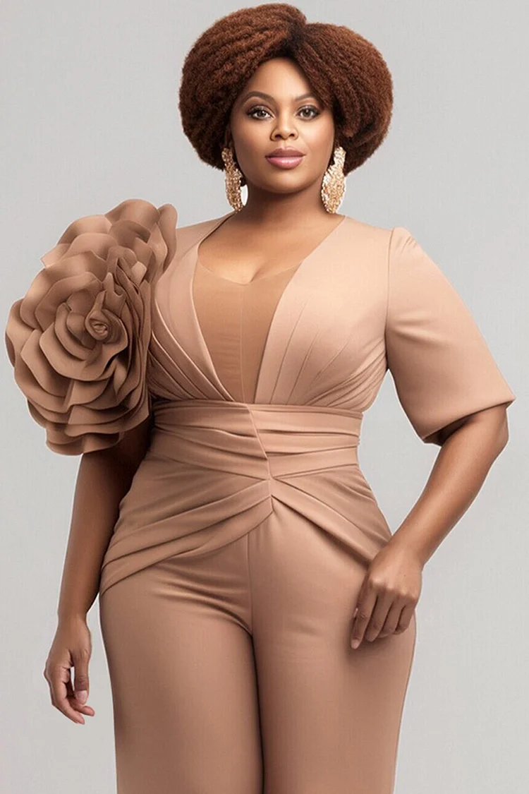 Xpluswear Design Plus Size Formal Khaki Round Neck Half Sleeve 3D Elegant Jumpsuits [Pre-Order]