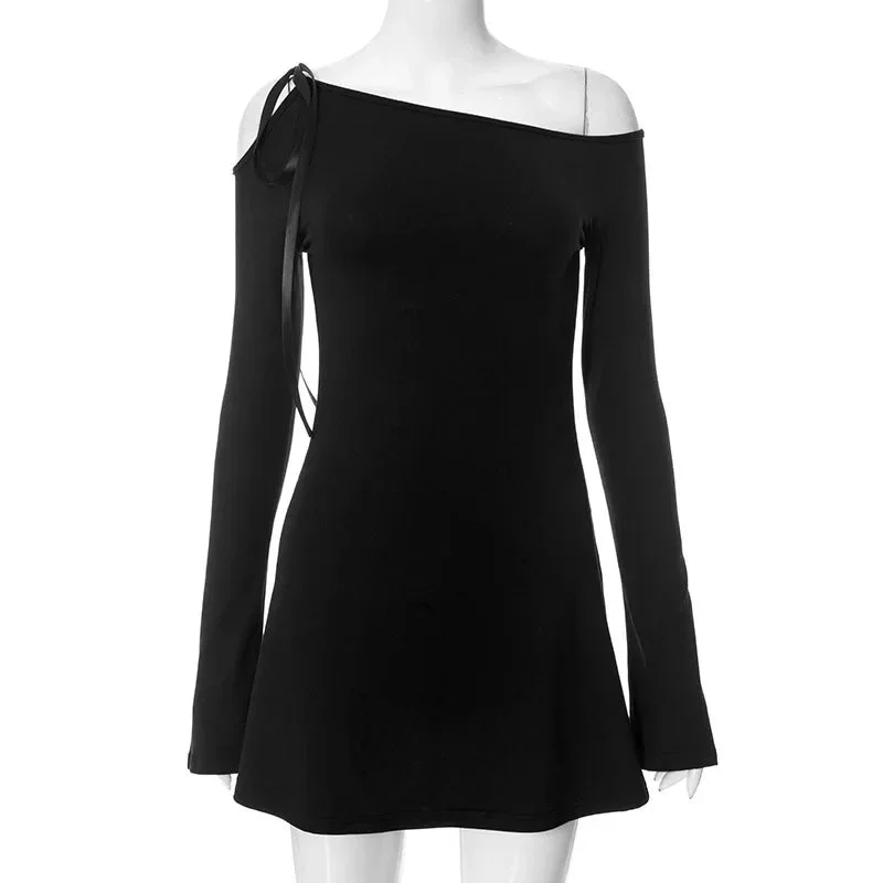 Toloer Long Sleeve One Shoulder Ribbon Tie-Up Mini Dress-Outfit Ideas