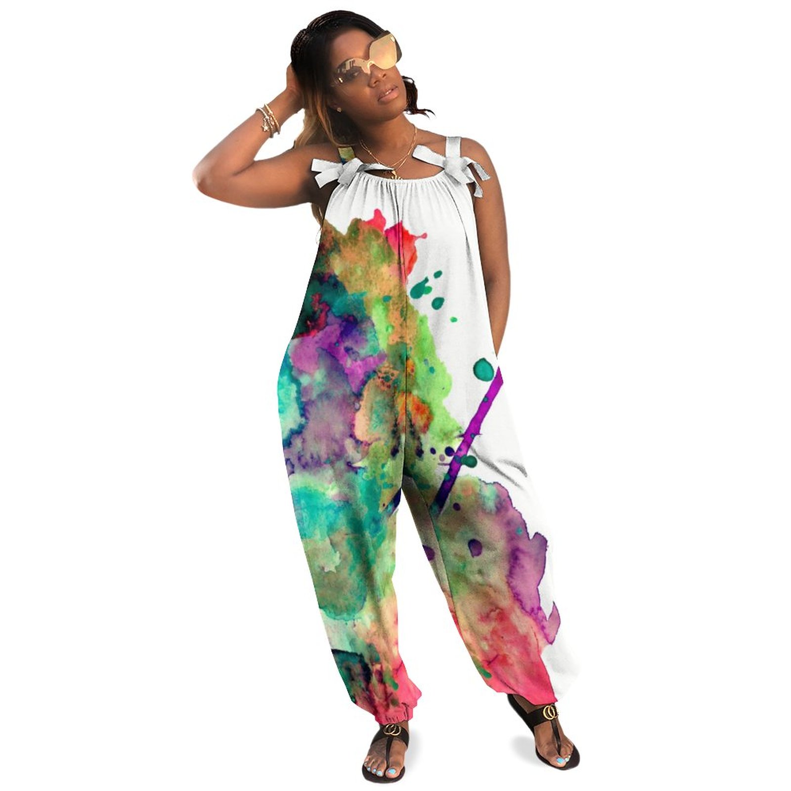 Colorful Crazy Trendy Bold Abstract Watercolor Plus Size Sleeveless Jumpsuit Summer Harem Pants Women Full Length Bodysuit Boho Casual Long Length Polyester Spandex
