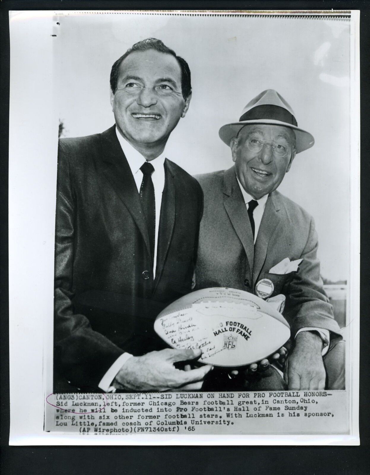 Sid Luckman & Lou Little 1965 NFL Hall of Fame Induction Press Photo Poster painting Columbia