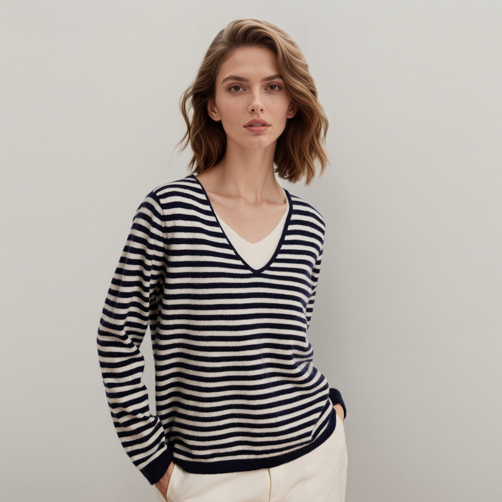Women's Color-Block V-Neck Cashmere Sweater REAL SILK LIFE