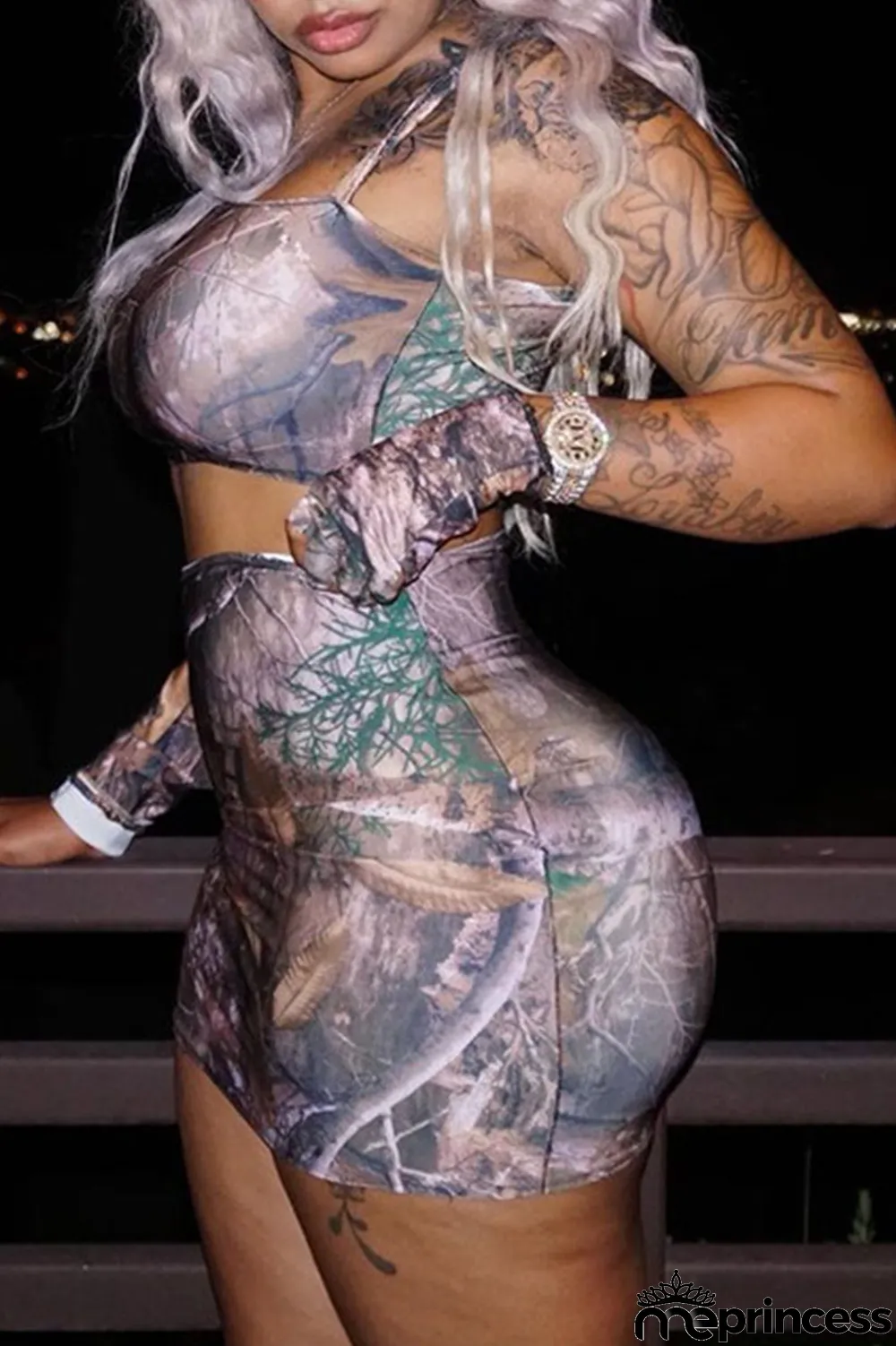 Grey Celebrities Print Floral Oblique Collar Long Sleeve Two Pieces