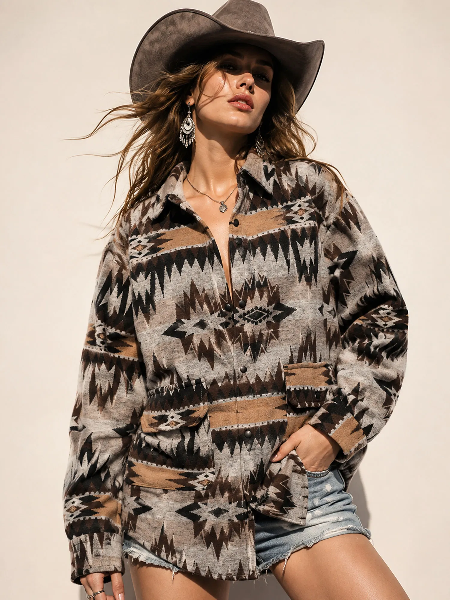 Perfect for an Upscale Rodeo Night Event &mdash; Women's 2026 Autumn Taupe & Earthy Brown Southwestern Aztec Tribal Printed Flannel Shacket