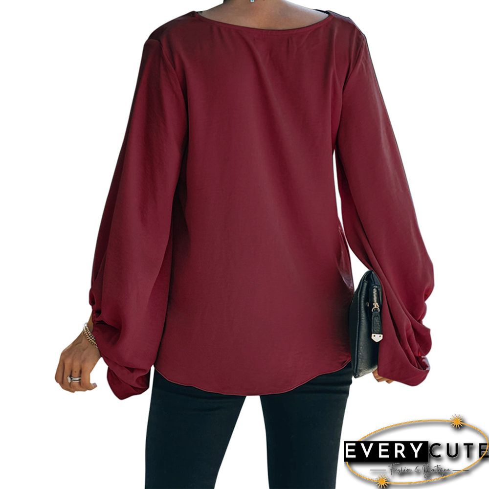 Wine Red Splice Lace V Neck Lantern Long Sleeve Tops