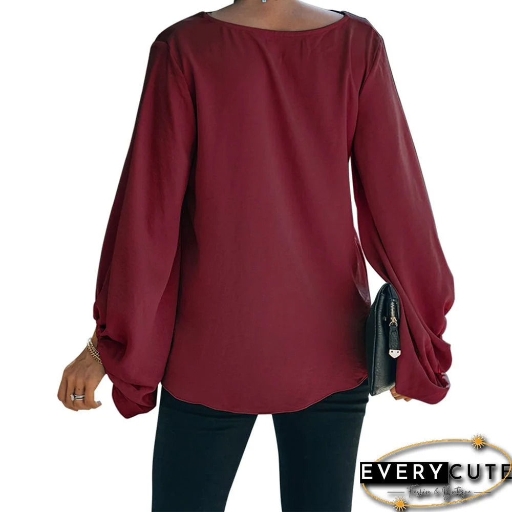 Wine Red Splice Lace V Neck Lantern Long Sleeve Tops