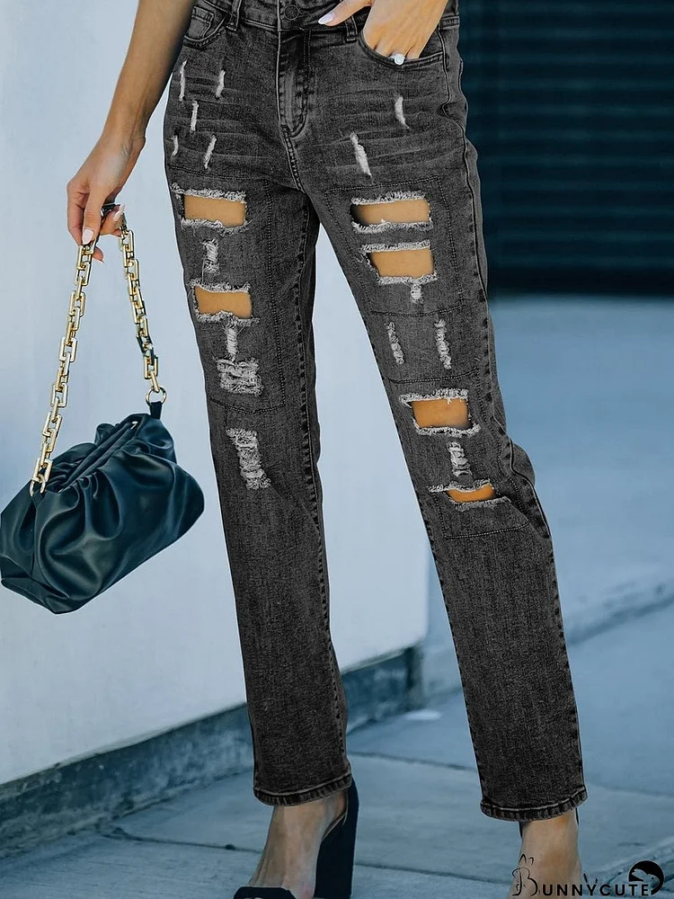 Stylish Gray Distressed Jeans with Button Closure