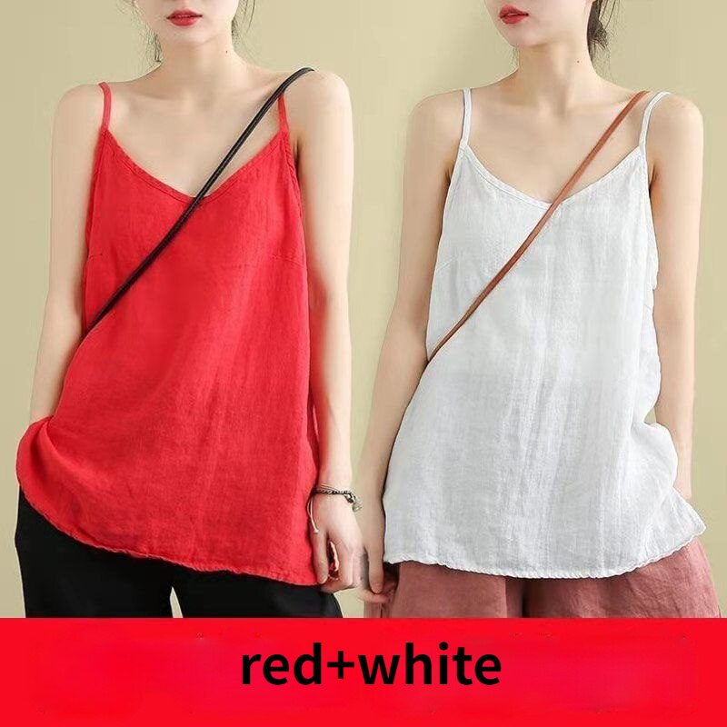 Women's Summer Top Cotton Linen Spaghetti Strap Top Women Halter V Neck Basic Yellow Sleeveless Tank Tops Loose Casual Camis