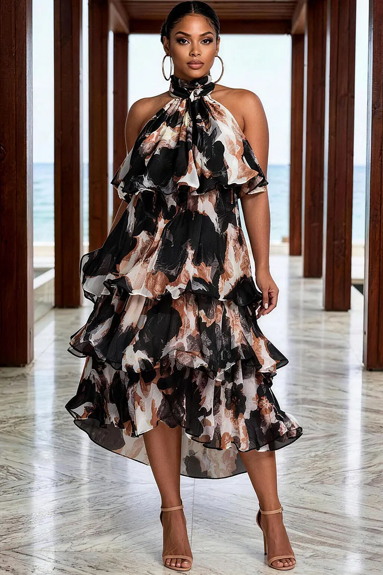 Xpluswear Design Plus Size Wedding Guest Black All Over Print Halter Collar Ruffle Chiffon Midi Dresses [Pre-Order] 2024 - Xpluswear