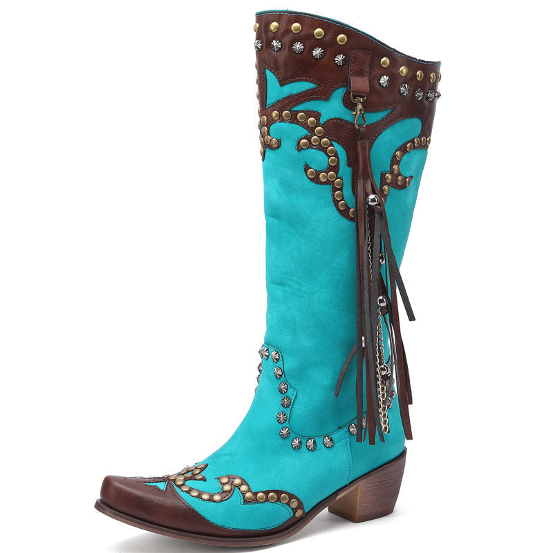 Women's rivets studded blue mid calf cowboy boots with tassels