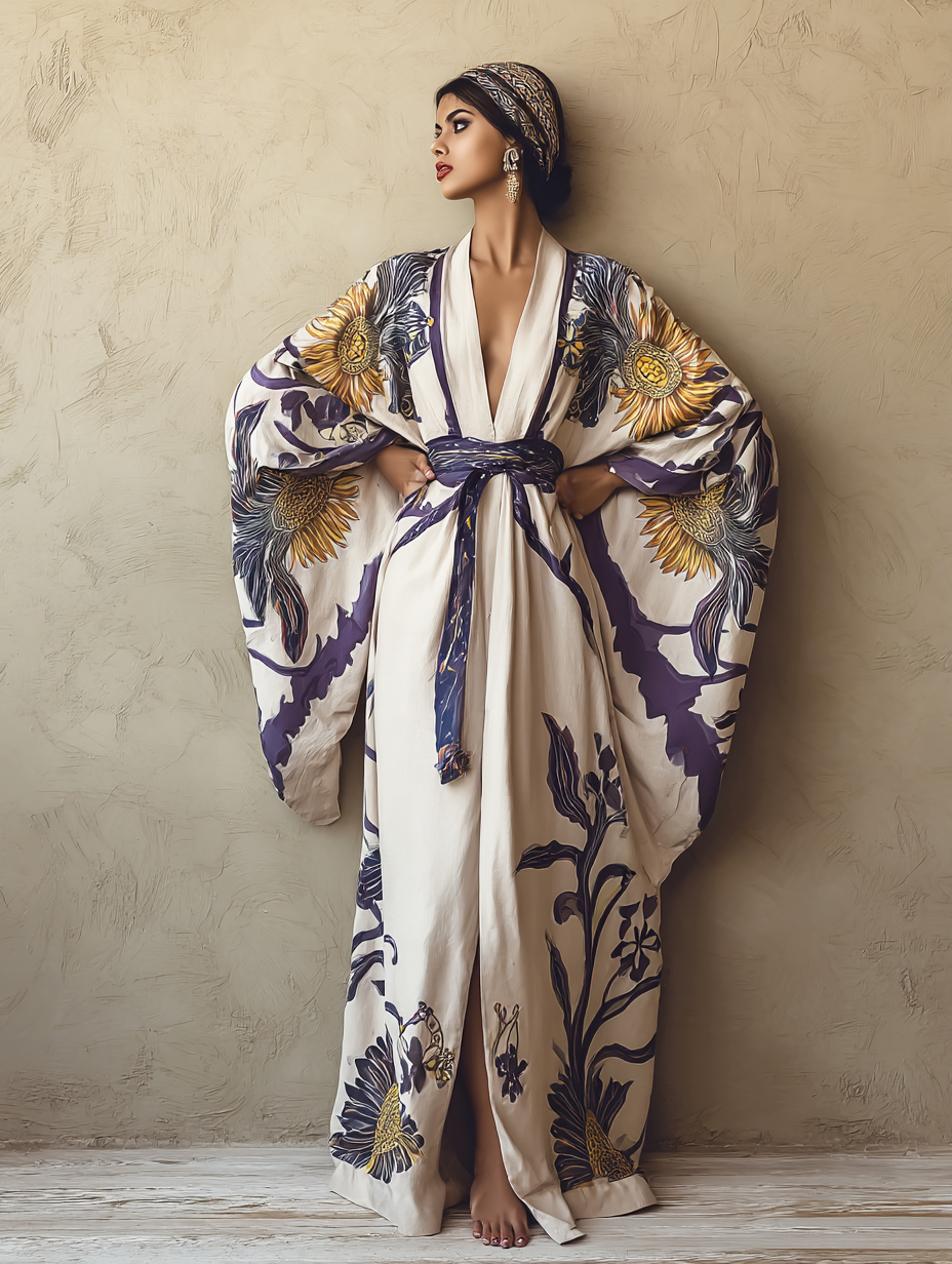 Women's Sunflower Kimono Linen Robe (Including Belt)