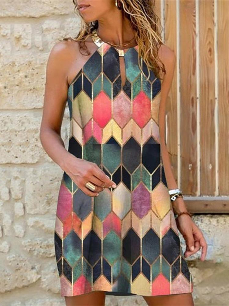 Colorful Argyle Print Halter Casual Sleeveless Dress wearshes