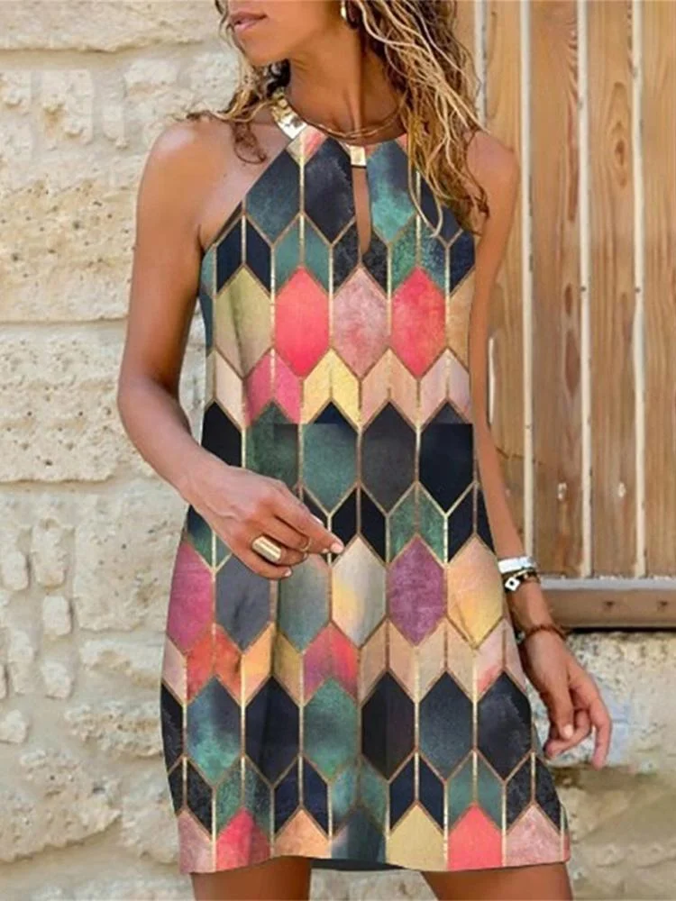 Colorful Argyle Print Halter Casual Sleeveless Dress