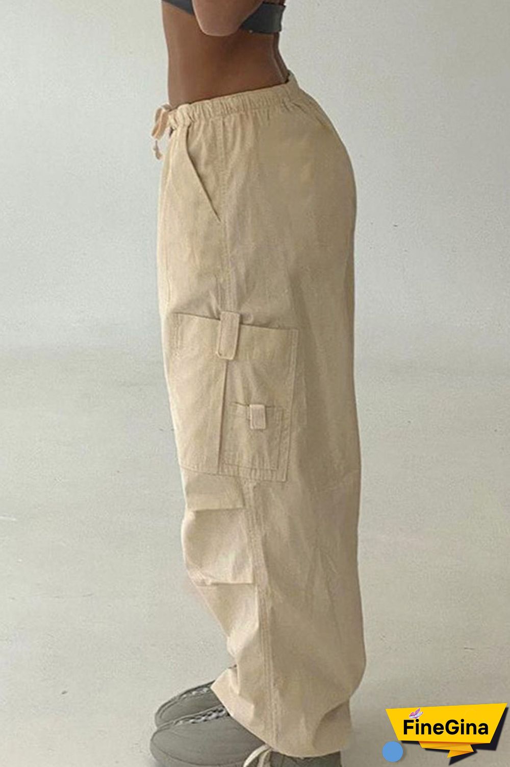 Brown Casual Street Solid Patchwork Pocket Loose Low Waist Wide Leg Solid Color Bottoms