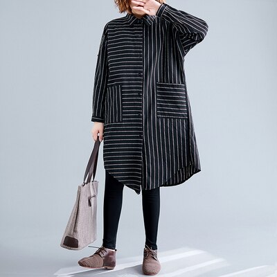 Loose Casual Long Blouses Double Pocket Cotton Striped Shirts