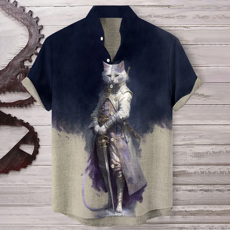 Retro Japanese Color Block Handsome Cat General Officer Print Shirt