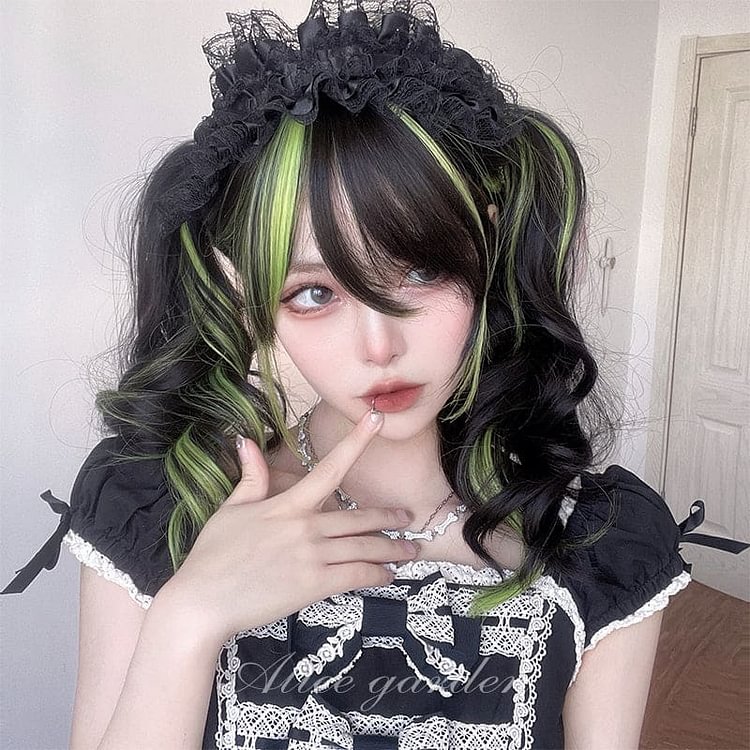 Lovely Kawaii eGirl Monster Style Green Black Curly Wig ON139