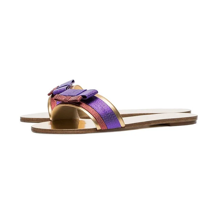 Purple and Golden PU Flat Bow Women's Slide Sandals |FSJ Shoes