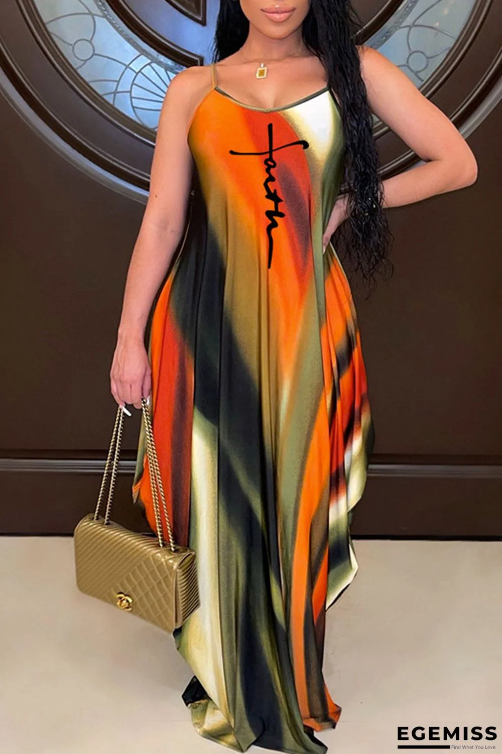 Tangerine Sexy Print Patchwork Spaghetti Strap Sling Dress Dresses | EGEMISS