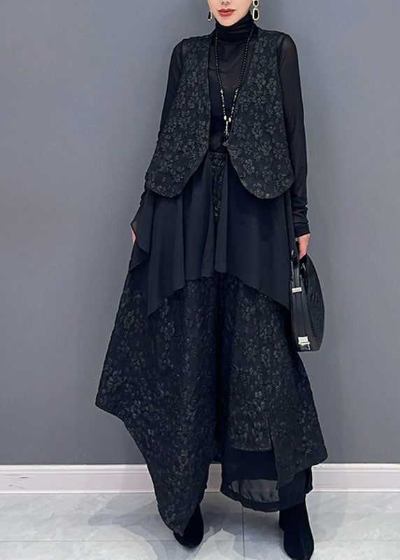 VCSHOES Black V Neck Print Waistcoat And Wide Leg Pants Two Pieces Set Fall