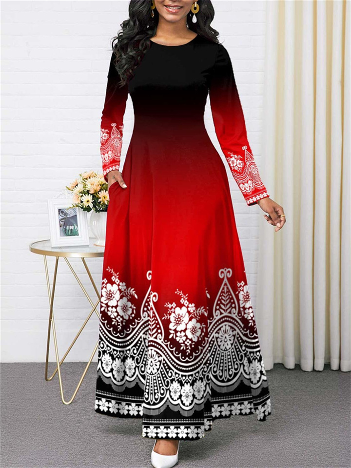 Women's New Trend Printing Round Neck Long Sleeve Long Dress Temperament Commuter Women's Clothing